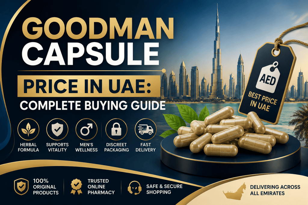 Goodman Capsule Price in UAE complete buying guide featuring a premium wellness design with capsules and Dubai skyline.