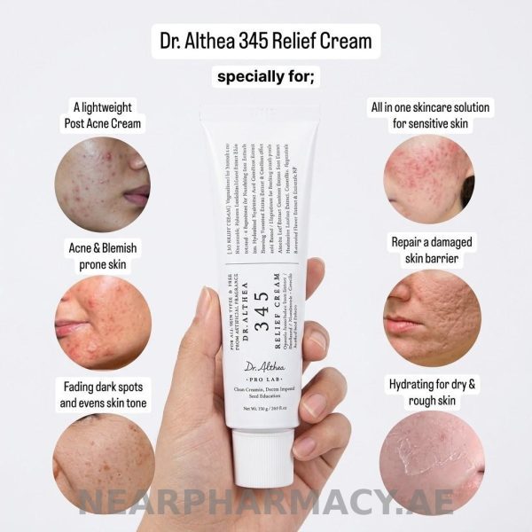 Dr. Althea 345 Relief Cream 50ml tube and packaging for acne-prone and sensitive skin.