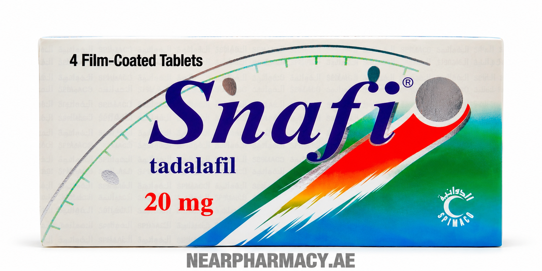 Snafi Tadalafil 20 mg – 4 Film-Coated Tablets Snafi tadalafil 20 mg 4 film-coated tablets box packaging by SPIMACO.
