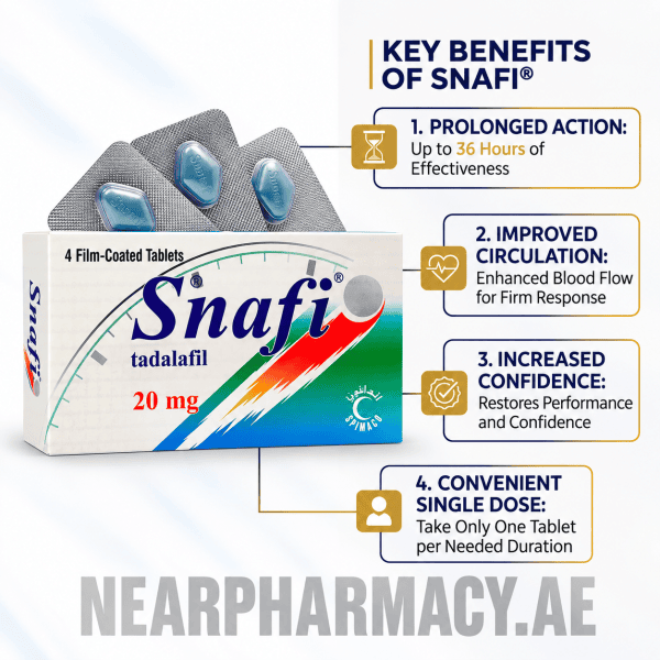 Snafi tadalafil 20 mg 4 film-coated tablets box packaging by SPIMACO.
