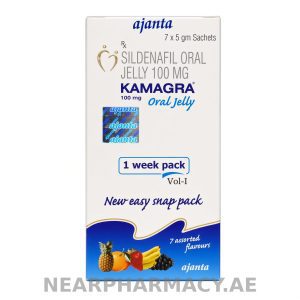 Ajanta Kamagra Oral Jelly 100 mg sildenafil oral jelly 7 x 5 gm sachets box with assorted fruit-flavored sachets.