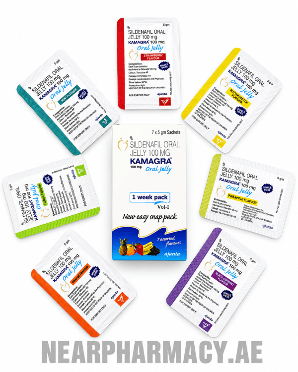 Ajanta Kamagra Oral Jelly 100 mg sildenafil oral jelly 7 x 5 gm sachets box with assorted fruit-flavored sachets.