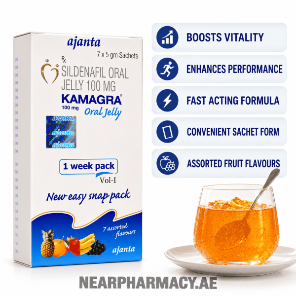 Ajanta Kamagra Oral Jelly 100 mg sildenafil oral jelly 7 x 5 gm sachets box with assorted fruit-flavored sachets.