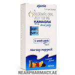 Ajanta Kamagra Oral Jelly 100 mg sildenafil oral jelly 7 x 5 gm sachets box with assorted fruit-flavored sachets.