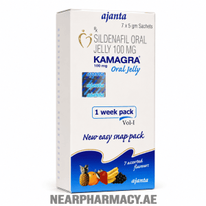 Ajanta Kamagra Oral Jelly 100 mg sildenafil oral jelly 7 x 5 gm sachets box with assorted fruit-flavored sachets.