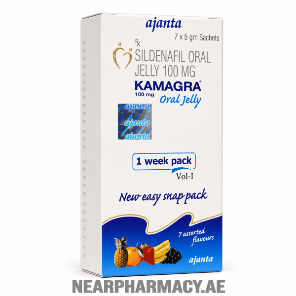 Ajanta Kamagra Oral Jelly 100 mg sildenafil oral jelly 7 x 5 gm sachets box with assorted fruit-flavored sachets.