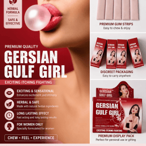 Gersian Gulf Girl premium women’s herbal intimacy product with dissolving gum strips and discreet packaging