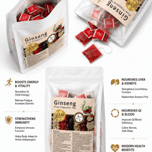 Ginseng Five-Treasure Tea herbal blend in individual tea bags