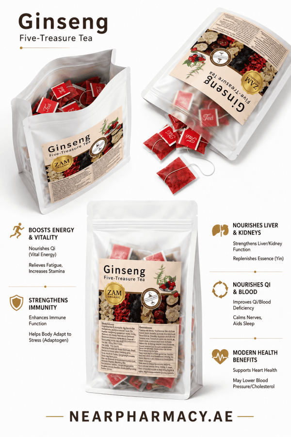 Ginseng Five-Treasure Tea herbal blend in individual tea bags