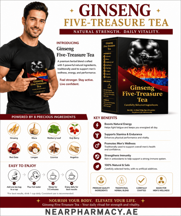 Ginseng Five-Treasure Tea herbal tea with ginseng, maca, mulberry leaf, goji berry, red date, longan, licorice and angelica