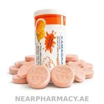 Kamagra 100 mg sildenafil citrate effervescent tablets in orange flavour tube with tablets displayed.
