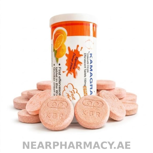 Kamagra 100 mg sildenafil citrate effervescent tablets in orange flavour tube with tablets displayed.