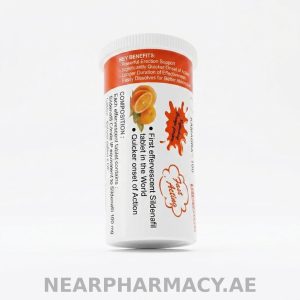 Kamagra 100 mg sildenafil citrate effervescent tablets in orange flavour tube with tablets displayed.