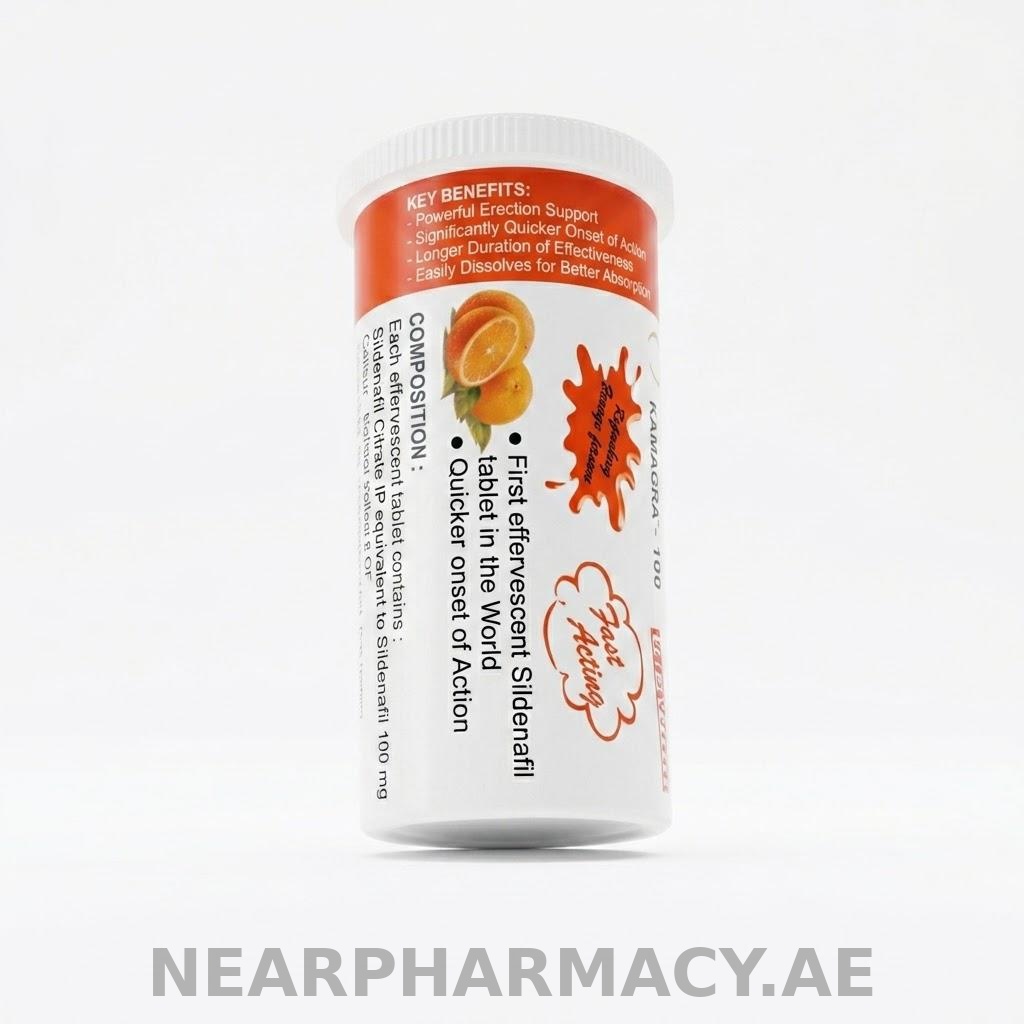 Kamagra Sildenafil Citrate Effervescent Tablets 100 mg Kamagra 100 mg sildenafil citrate effervescent tablets in orange flavour tube with tablets displayed.