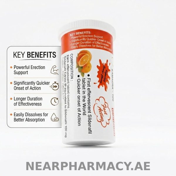 Kamagra 100 mg sildenafil citrate effervescent tablets in orange flavour tube with tablets displayed.