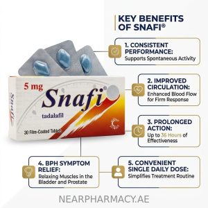 Snafi Tadalafil 5mg, 30 film-coated tablets for erectile dysfunction and BPH symptoms.