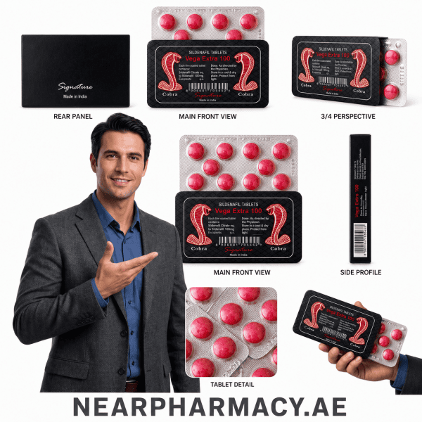 Vega Extra 100 Sildenafil Tablets blister pack with red tablets and cobra design