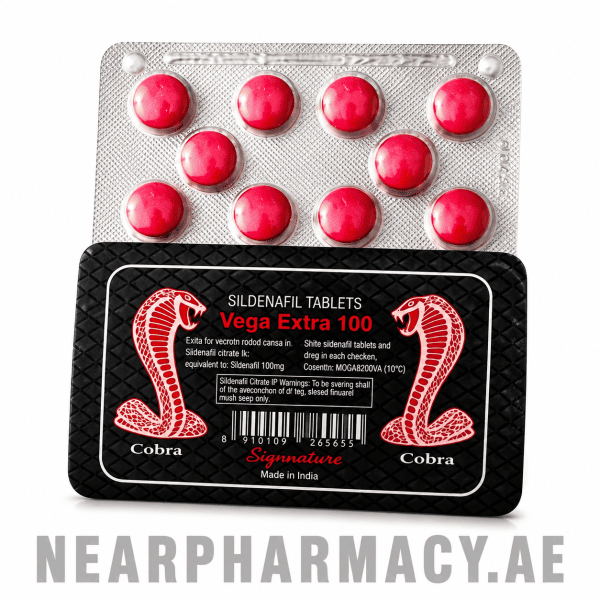Vega Extra 100 Sildenafil Tablets blister pack with red tablets and cobra design