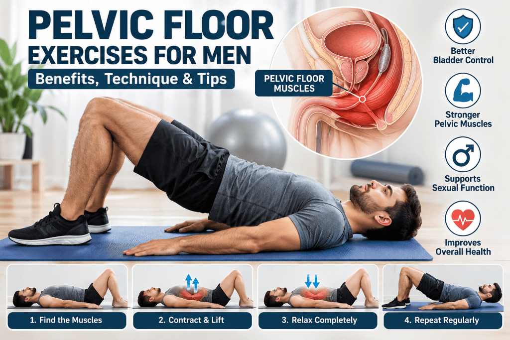 Pelvic floor exercises for men showing proper technique and benefits
