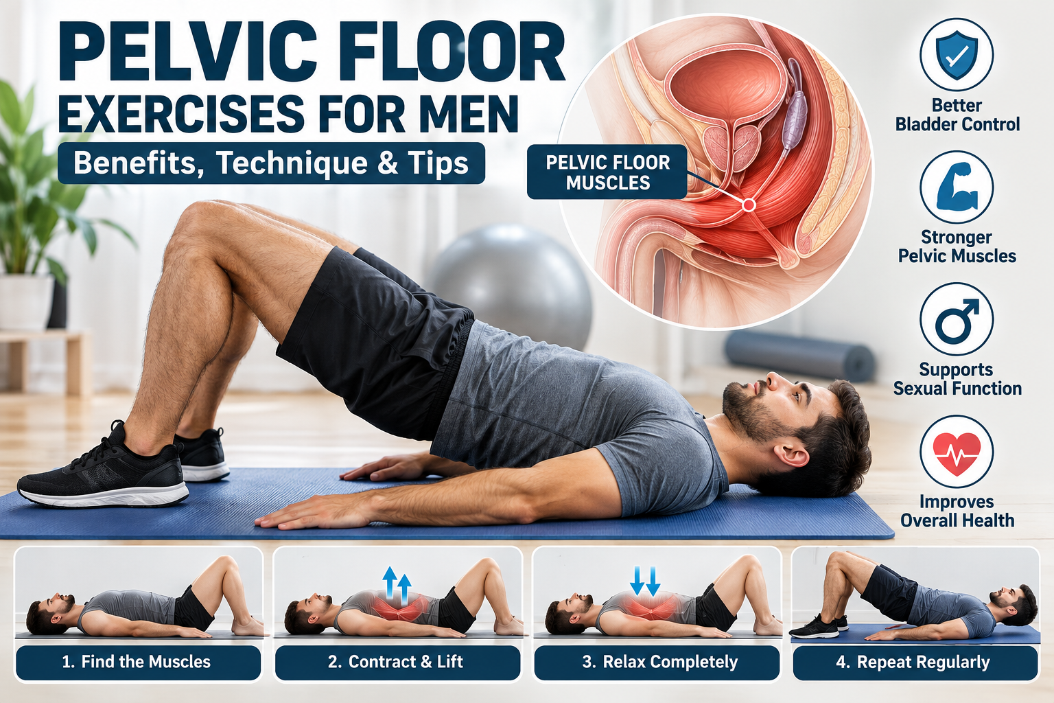 Pelvic floor exercises for men showing proper technique and benefits